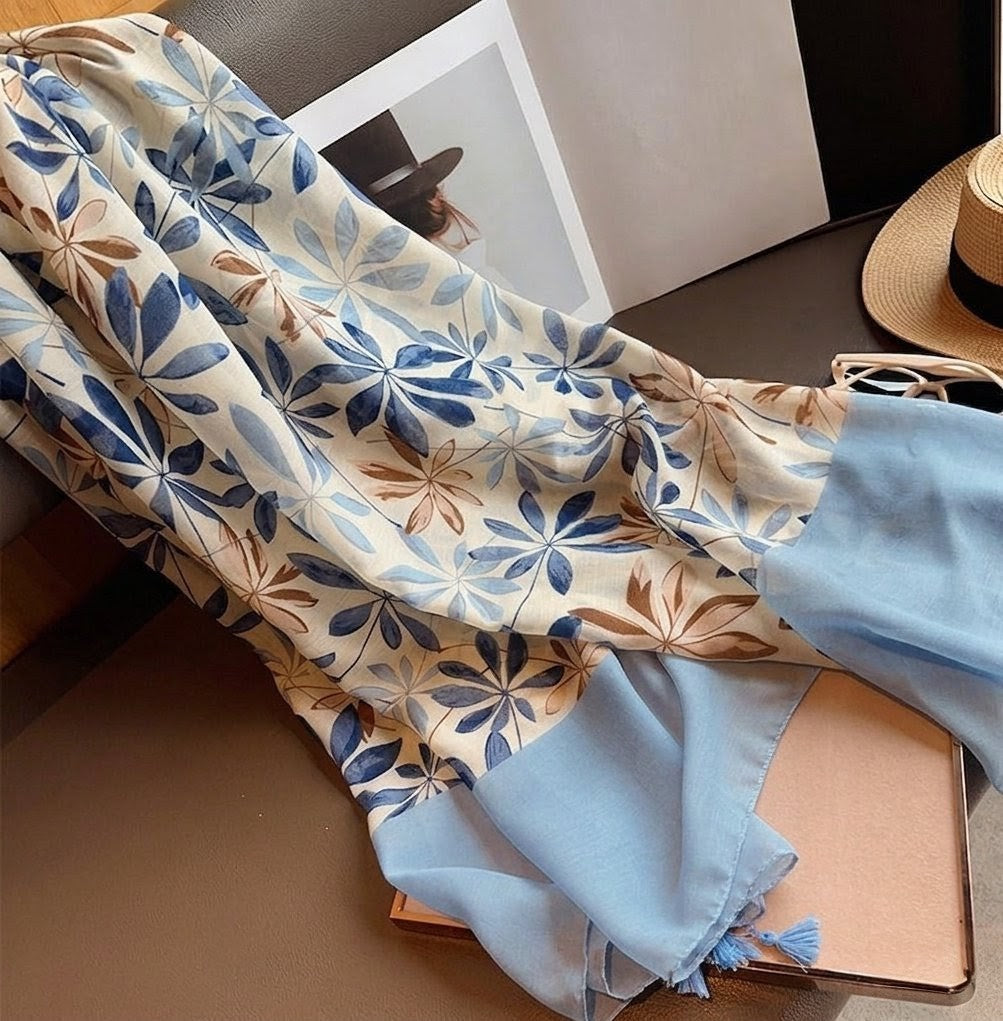 Imported sky blue floral printed tassel cotton hijab / orna