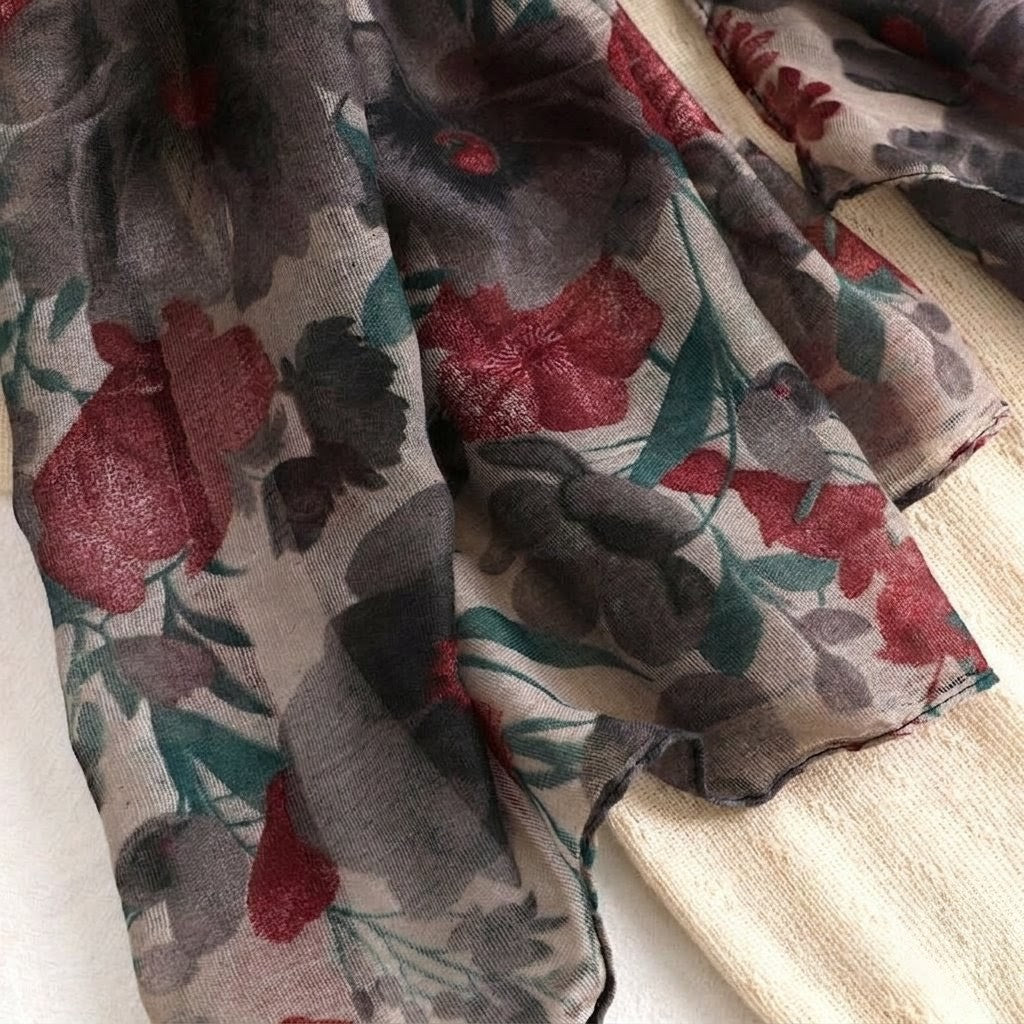 Floral Patterned Grey Colour Soft  Lightweight Long Hijab / Orna
