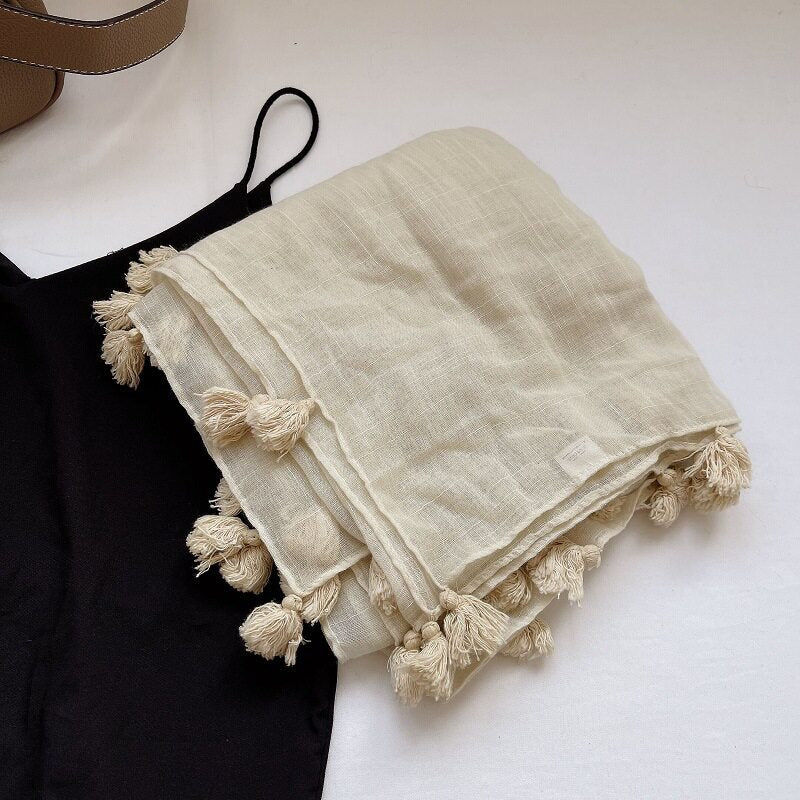 Sophisticated Cream Rice Color White Fringed Vintage-Style Imported Super Soft Long Summer Friendly Tassel Cotton Hijab / Orna
