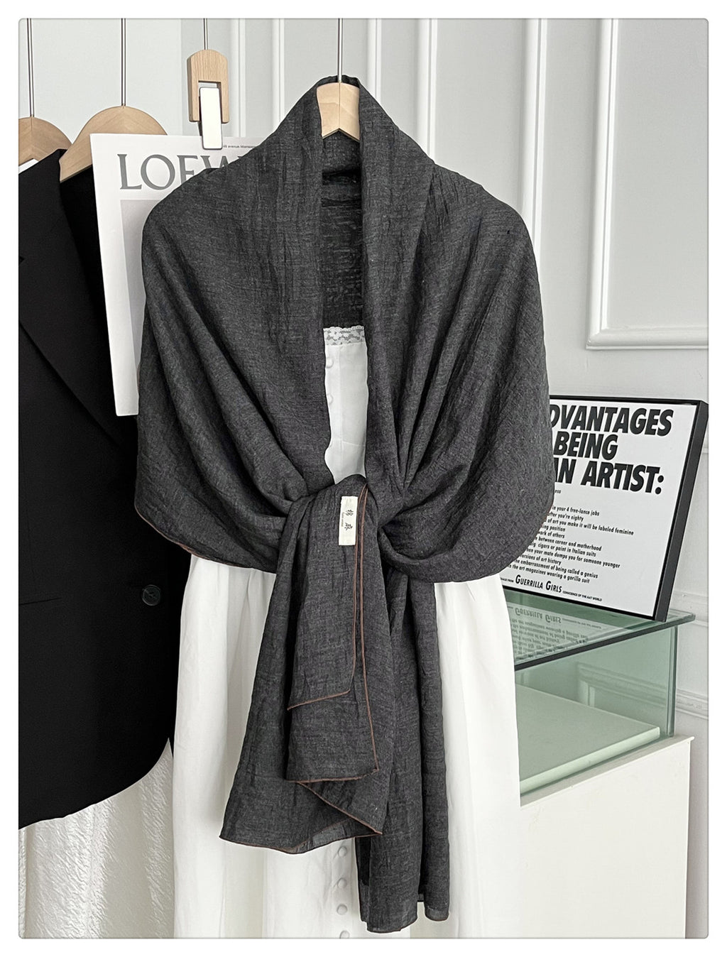 Stunning Black Gray Japanese-Style Imported Summer Friendly Long Wrinkled Cotton Hijab / Orna