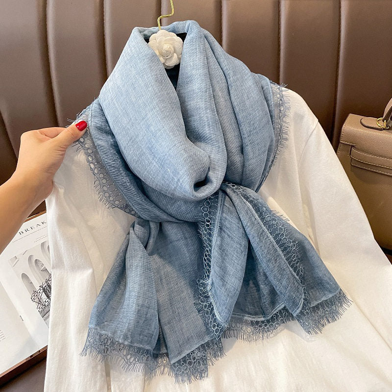 Stylish Light Blue New Japanese Travel Sunscreen Literary Retro Women's Summer Friendly All-match Solid Color Long Cotton Lace Hijab / Orna