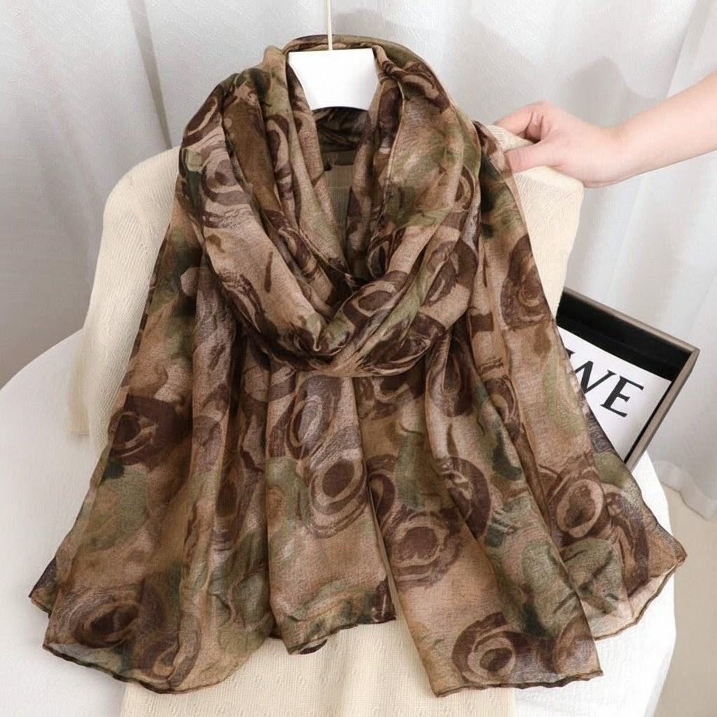 Beautiful Coffee Green Colour Imported Floral Printed Soft Long Cotton Hijab / Orna