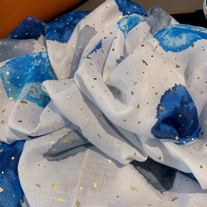 Elegant blue color lurex glitter circle stitch soft boho chic thin fringe imported party hijab / orna