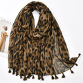 Stylish Camel Color Leopard Printed Soft Long Summer Friendly Tassel Hijab / Orna