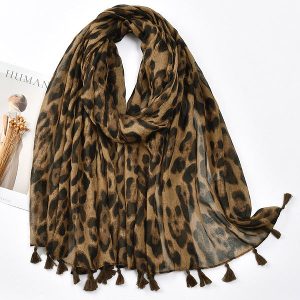 Stylish Camel Color Leopard Printed Soft Long Summer Friendly Tassel Hijab / Orna