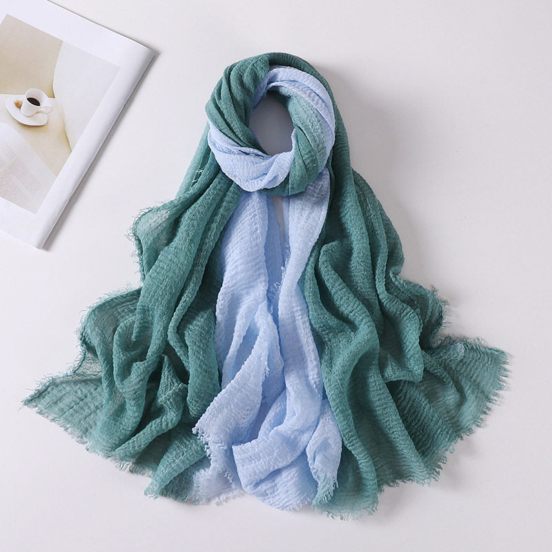 Elegant Teal And Light Blue Soft Gradient Natural Muslim Women Comfortable Imported Crinkle Cotton Hijab / Orna