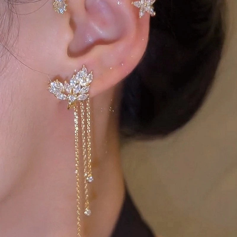 Stylish Sparkling Crystal Flower Ear Cuff Without Piercing Clip Earrings Irregular Tassel Ear Clip ( 1 pair)