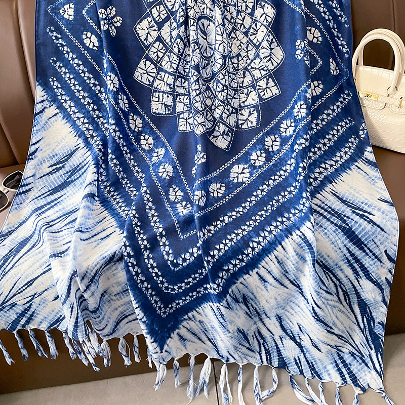 Ethnic Tie-Dye Style Buckle Women's Travel Sun Protection Yunnan Blue and White Literature Art Chinese Big Size Scarf / Hijab