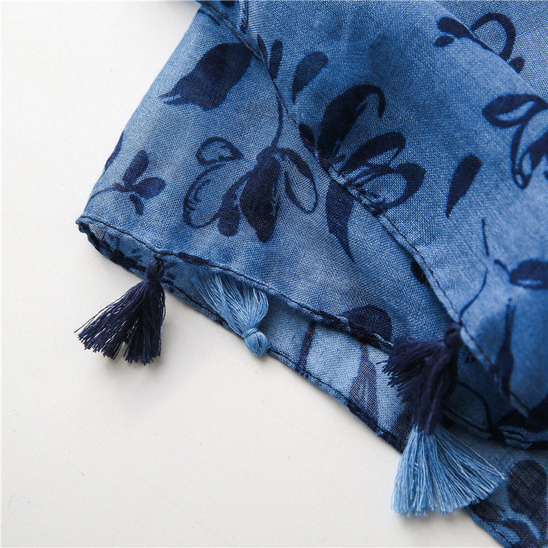 Blue black mixed floral printed tassel soft breathable long hijab / orna
