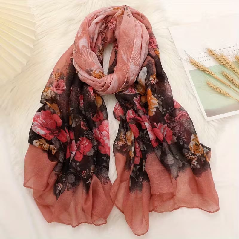Pretty Pink Floral Printed Soft Lightweight Long Hijab / Orna