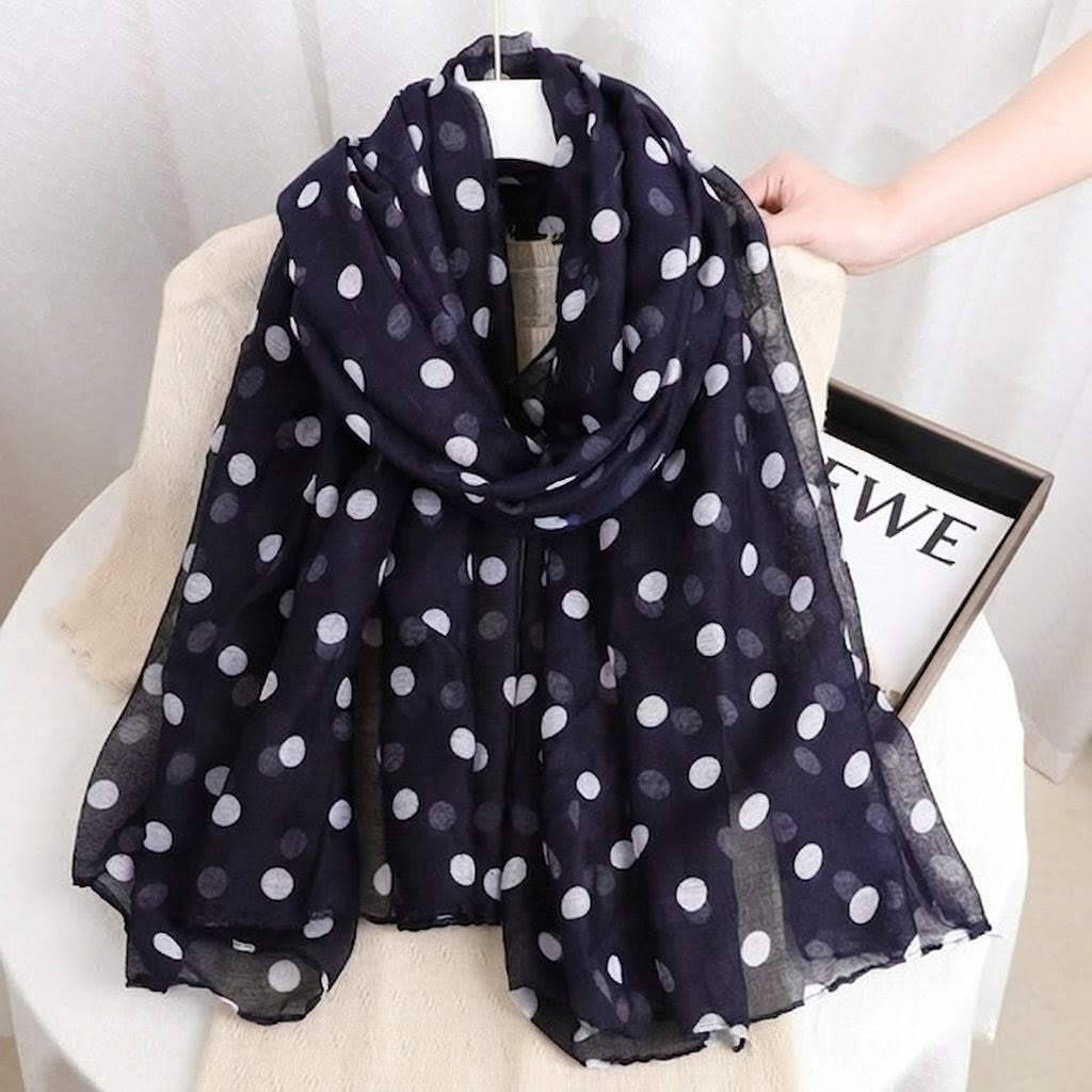 Elegant Navy Blue Polka Dot Printed Soft Lightweight Long Hijab / Orna
