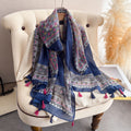 Stylish Navy Blue Bohemian Printed Long Soft Imported Summer Friendly Tassel Hijab / Orna