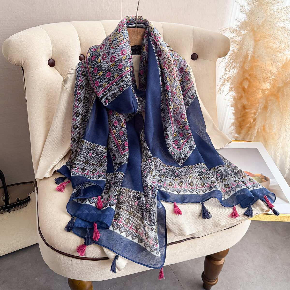 Stylish Navy Blue Bohemian Printed Long Soft Imported Summer Friendly Tassel Hijab / Orna