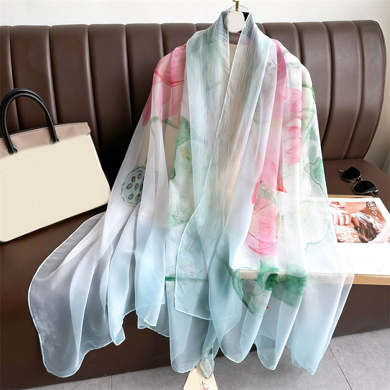 Multicoloured Floral Lotus Printed Imported Long Silk Scarf / Orna