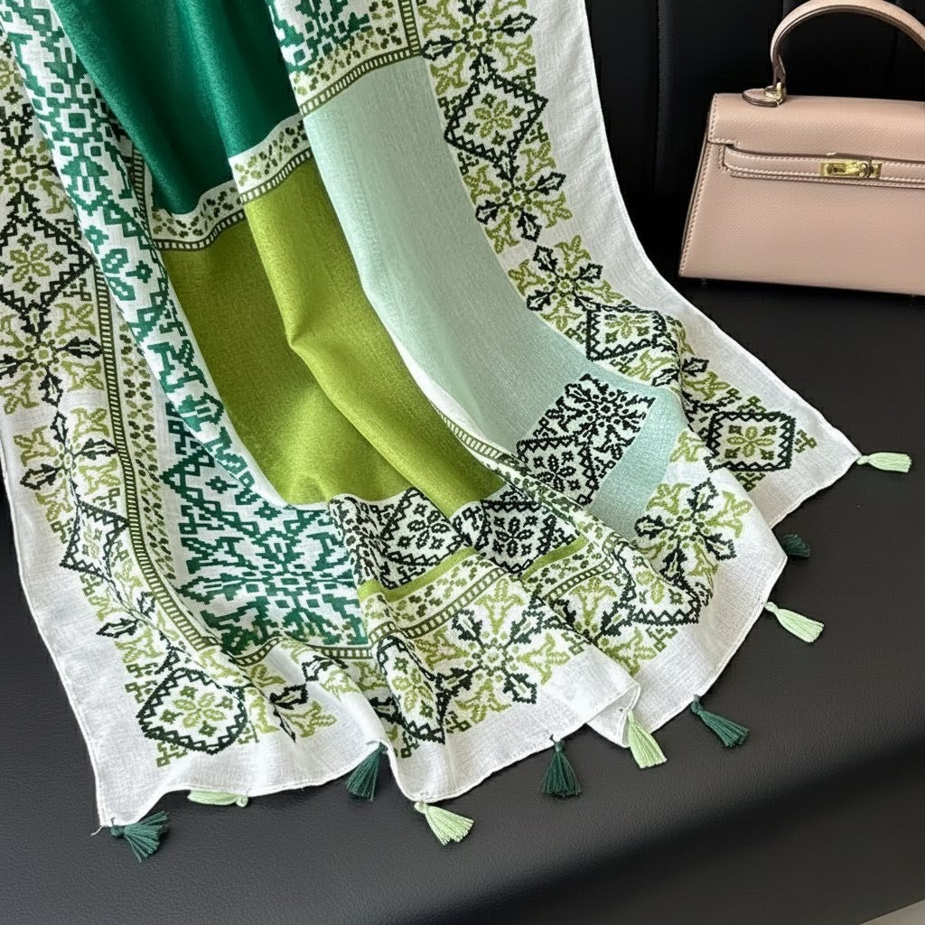 Green colour geometric patterned tassel soft long hijab / orna