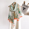 Beautiful leafy green & white botanical printed long silk scarf