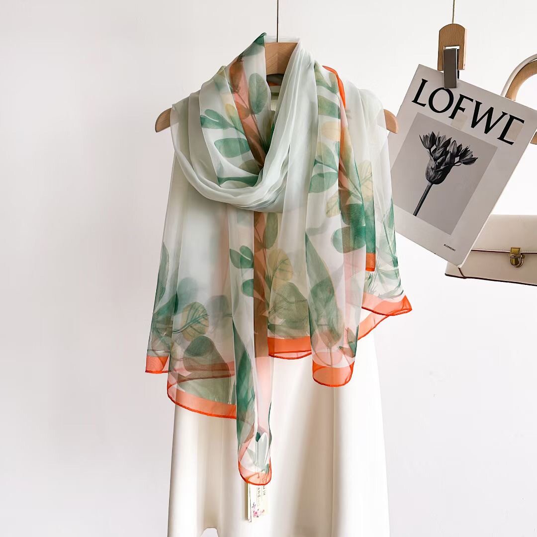 Beautiful leafy green & white botanical printed long silk scarf