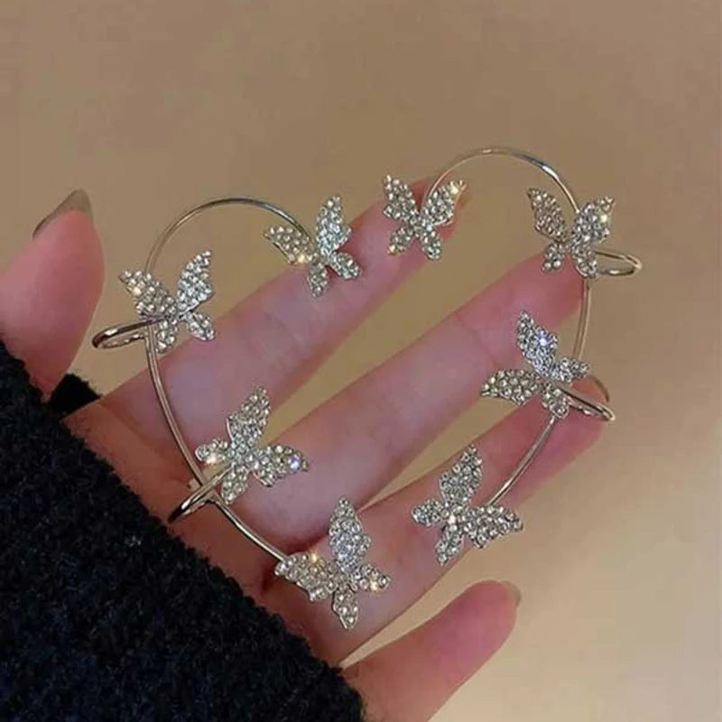 Beautiful Butterfly Crystal Flower Ear Cuff Without Piercing Clip Earrings Irregular Tassel Ear Clip ( 1 pair)