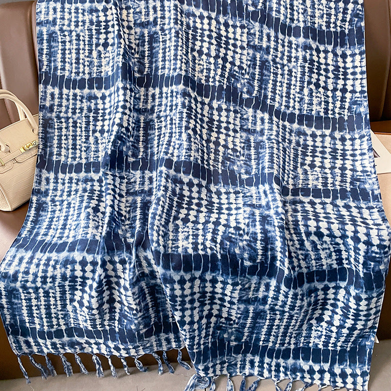 Ethnic Tie-Dye Style Buckle Women's Travel Sun Protection Yunnan Blue and White Literature Art Chinese Big Size Scarf / Hijab