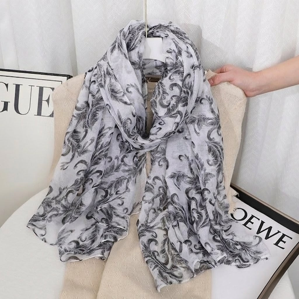Elegant Gray Black Paisely Printed Soft Lightweight Long Hijab / Orna
