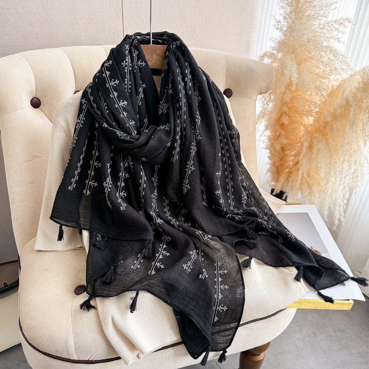 Elegant Black Color Printed Long Soft Imported Summer Friendly Tassel Hijab / Orna