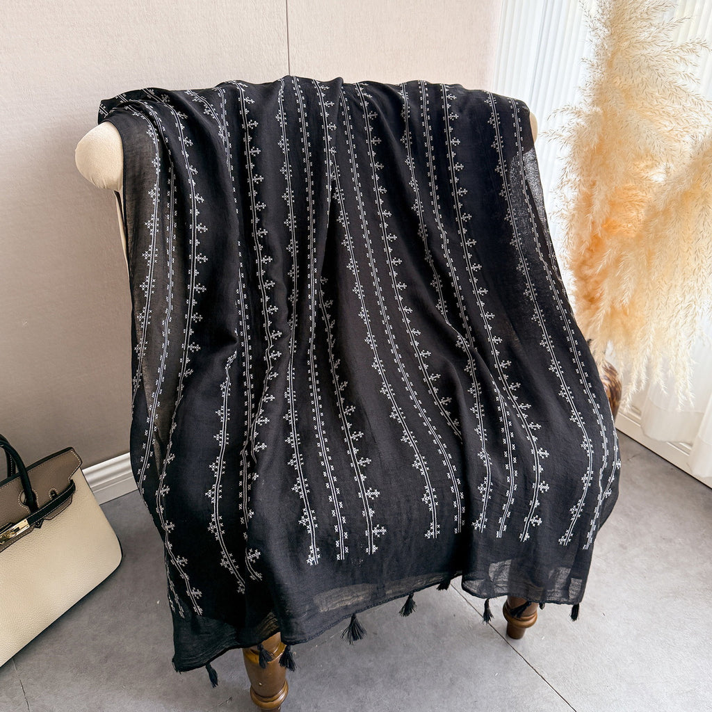 Elegant Black Ambush Printed Long Soft Imported Summer Friendly Tassel Hijab / Orna