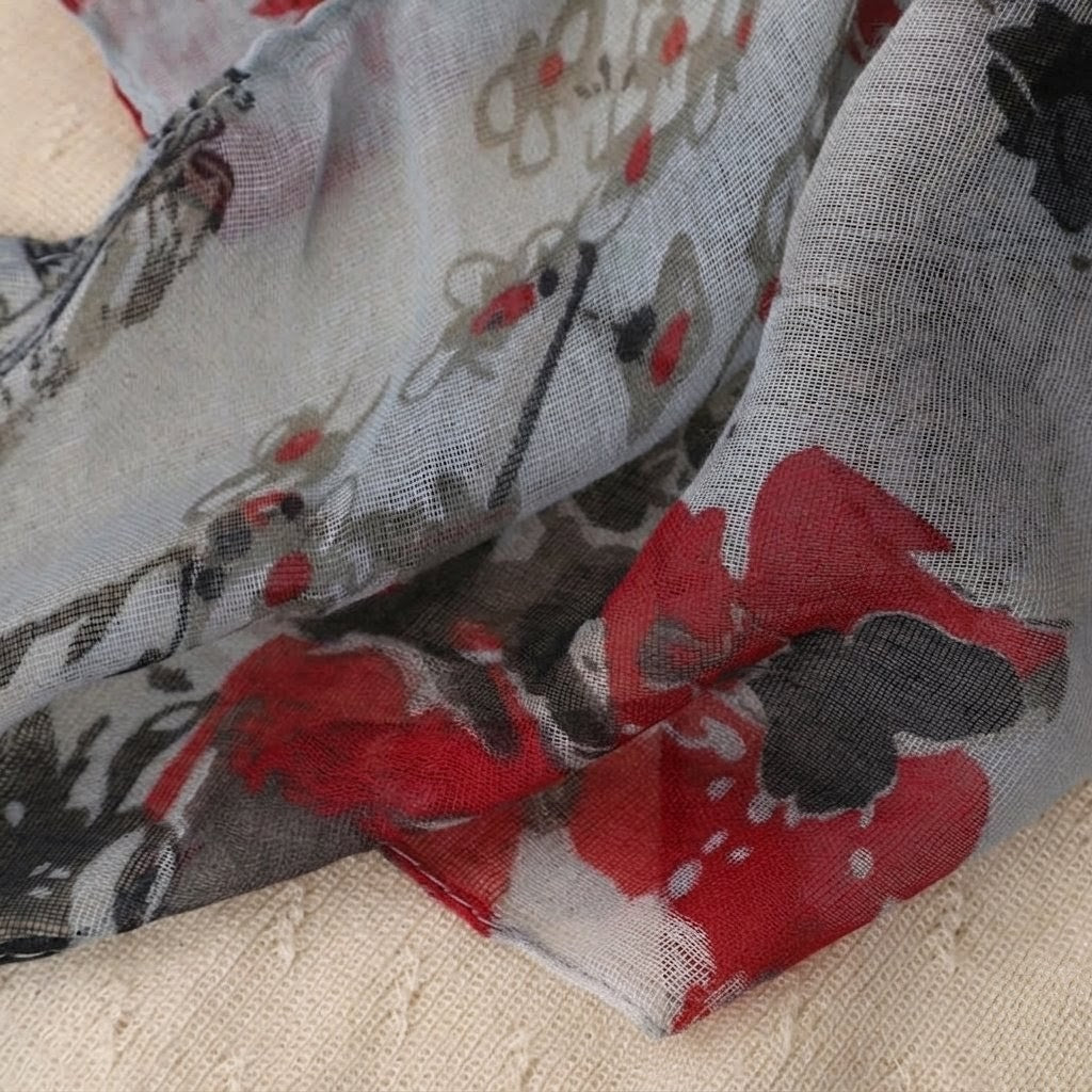 Classy Green Gray Floral Printed Soft Lightweight Long Hijab / Orna