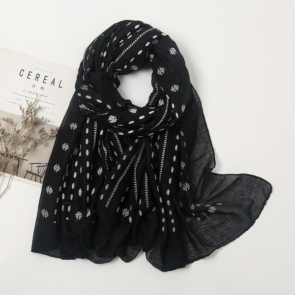 Elegant Black Long Ambush Printed Polka Dot Cotton Hijab / Orna