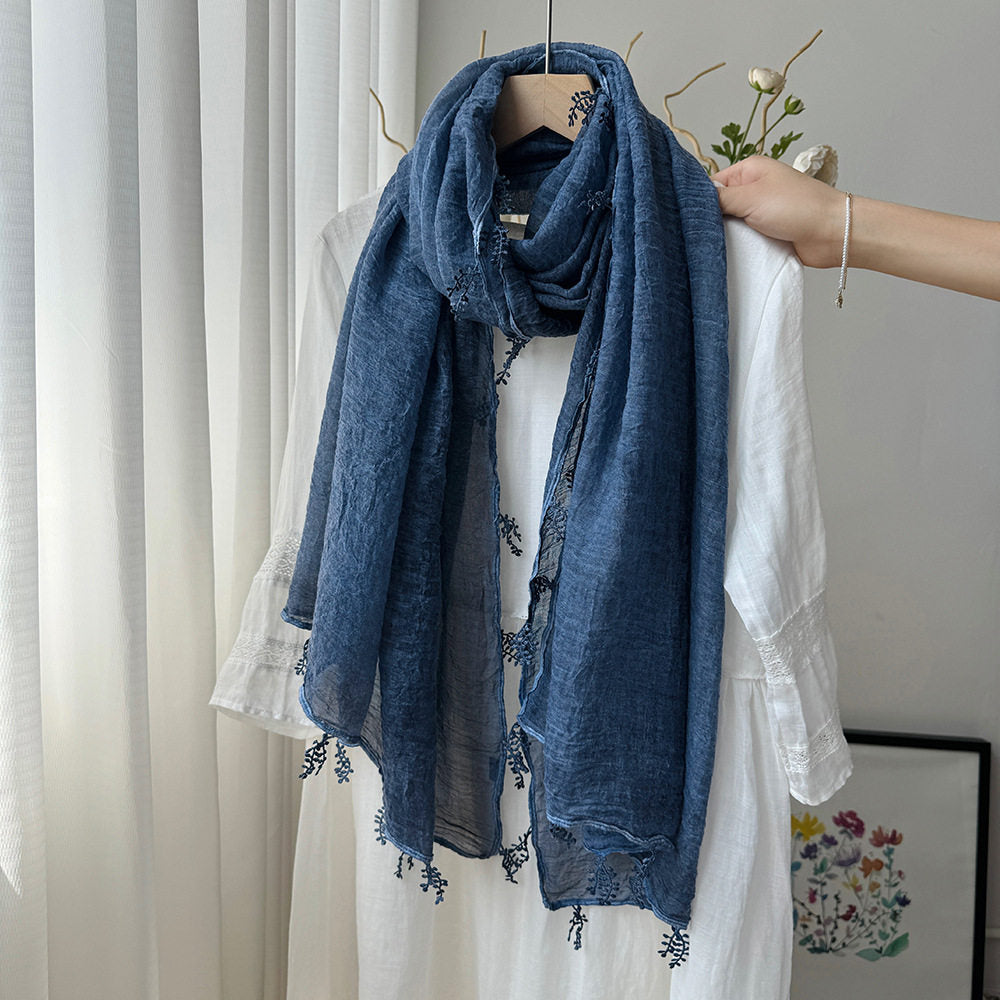 Elegant Blue Summer-Friendly Long Cotton Imported Hijab Finished With Hanging Leaves Tassel Fringes Along The Borders