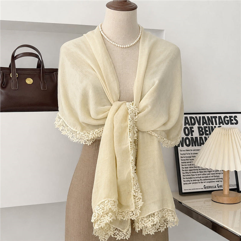 Sophisticated Ivory Color Artistic Lace Edged Imported Premium Summer Friendly Cotton Hijab / Orna