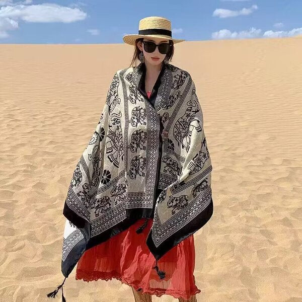 Stylish Black & Beige Ethnic Style Printed Summer Friendly Long Tassel Hijab / Orna