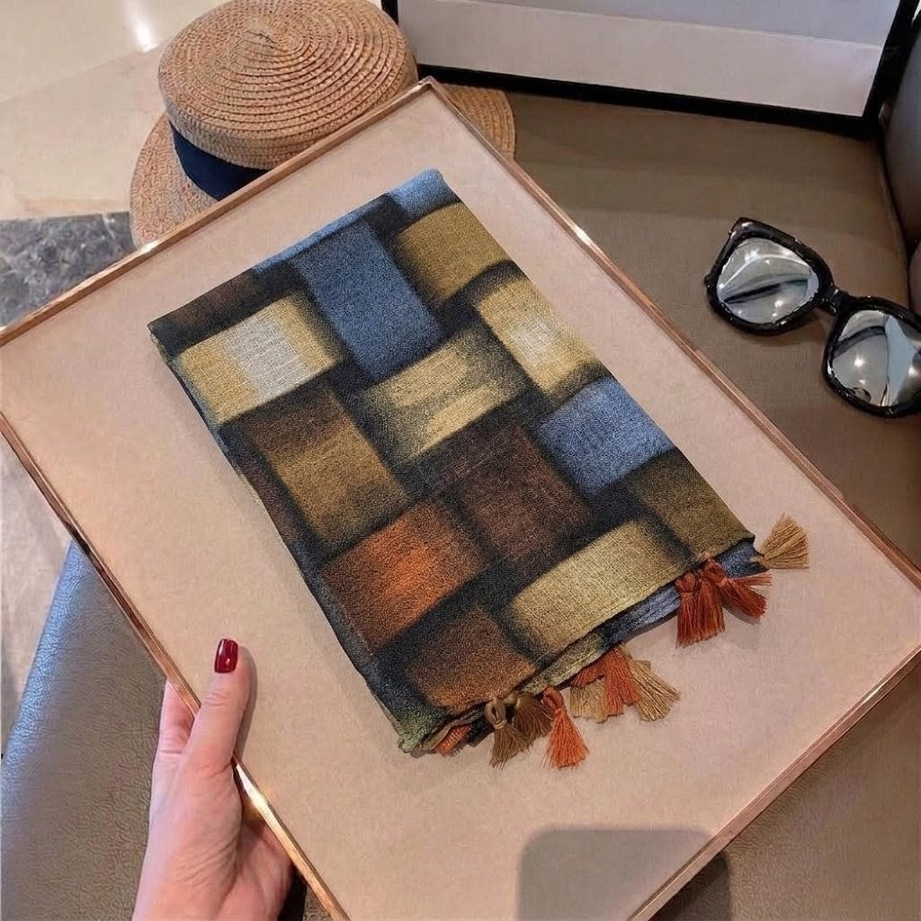 Brown color block patterned soft cotton hijab