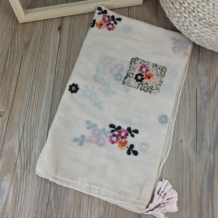 New Ethnic Style Embroidered Off White Color Flower Cotton Tassel Hijab/Orna