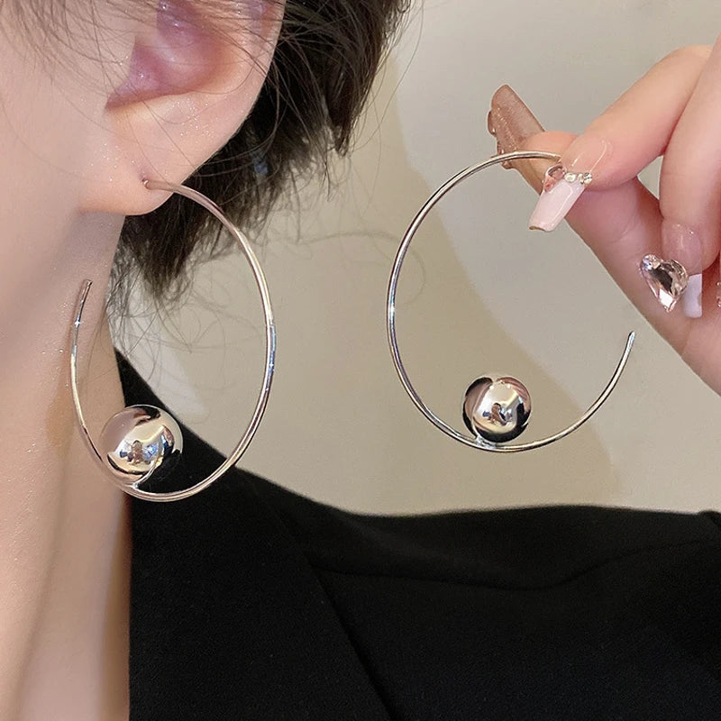 Silver Color Metal Big Circle Hoop Earrings For Women Exaggerated  Color C-Shaped Round