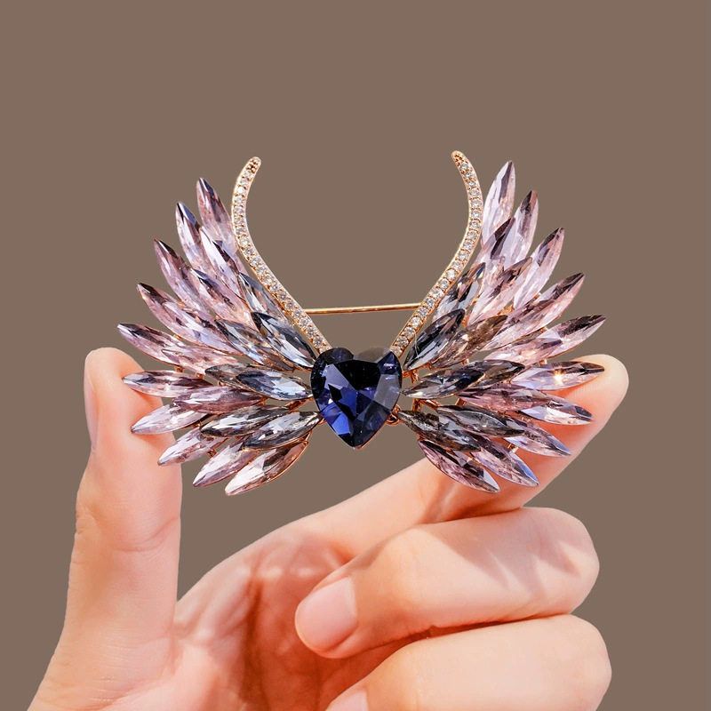 Angel Wing Design With Central Heart-Shaped Gemstone Imported Brooch Pin