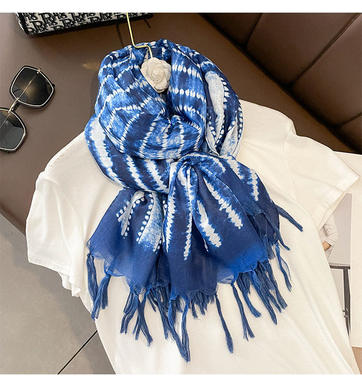 Ethnic Tie-Dye Style Buckle Women's Travel Sun Protection Yunnan Blue and White Literature Art Chinese Big Size Scarf / Hijab