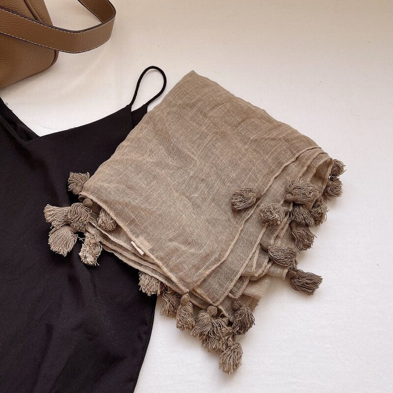 Stunning Khaki Color Fringed Vintage-Style Imported Super Soft Long Summer Friendly Tassel Cotton Hijab / Orna