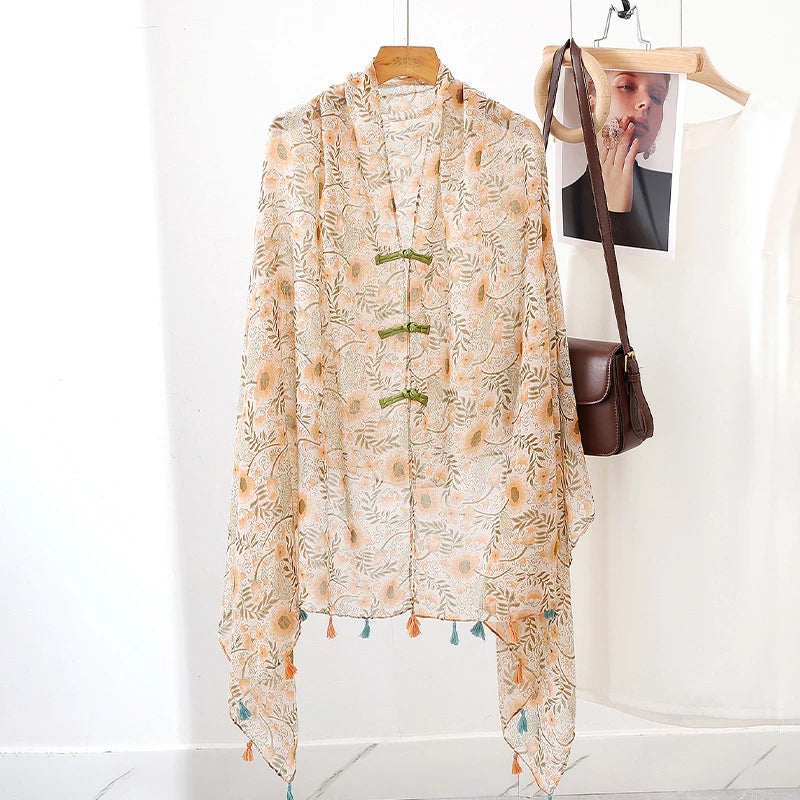 Beige color floral printed soft tassel cape