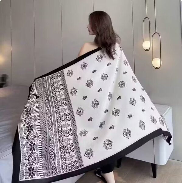 Classy Black White Ethnic Style Printed Summer Friendly Long Tassel Hijab / Orna