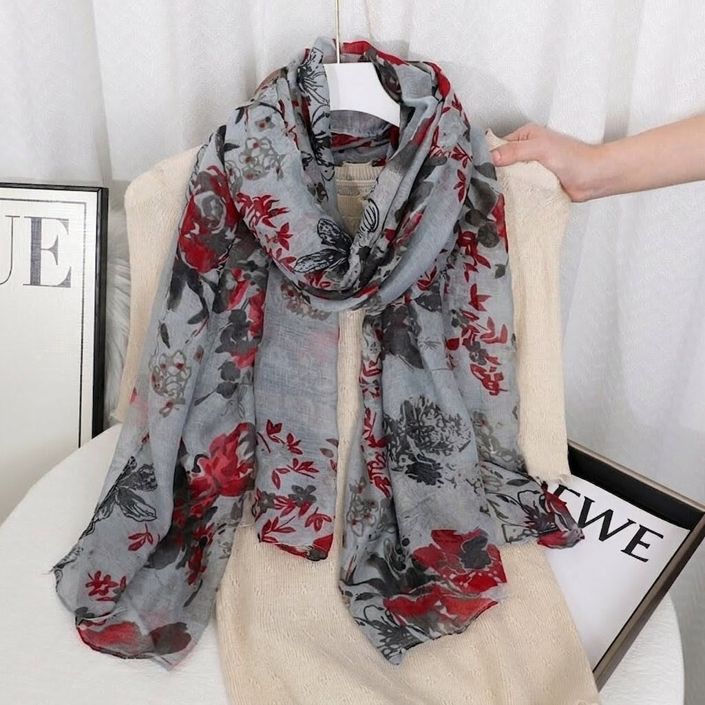 Classy Green Gray Floral Printed Soft Lightweight Long Hijab / Orna