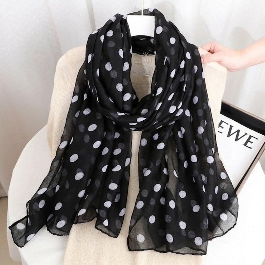 Stylish Black Polka Dot Printed Soft Lightweight Long Hijab / Orna