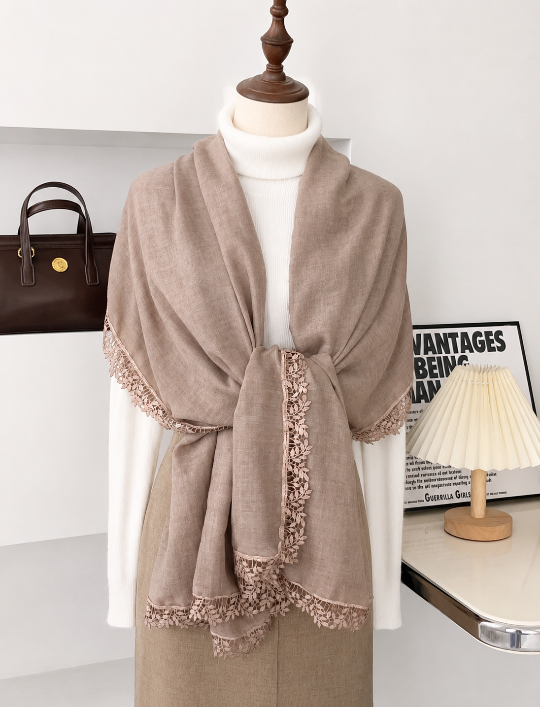 Stunning Khaki Color Artistic Lace Edged Imported Premium Summer Friendly Cotton Hijab / Orna