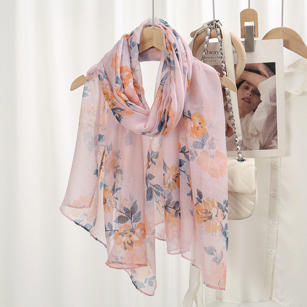Pretty Light Pink Imported Floral Printed Summer Friendly Long Hijab / Orna
