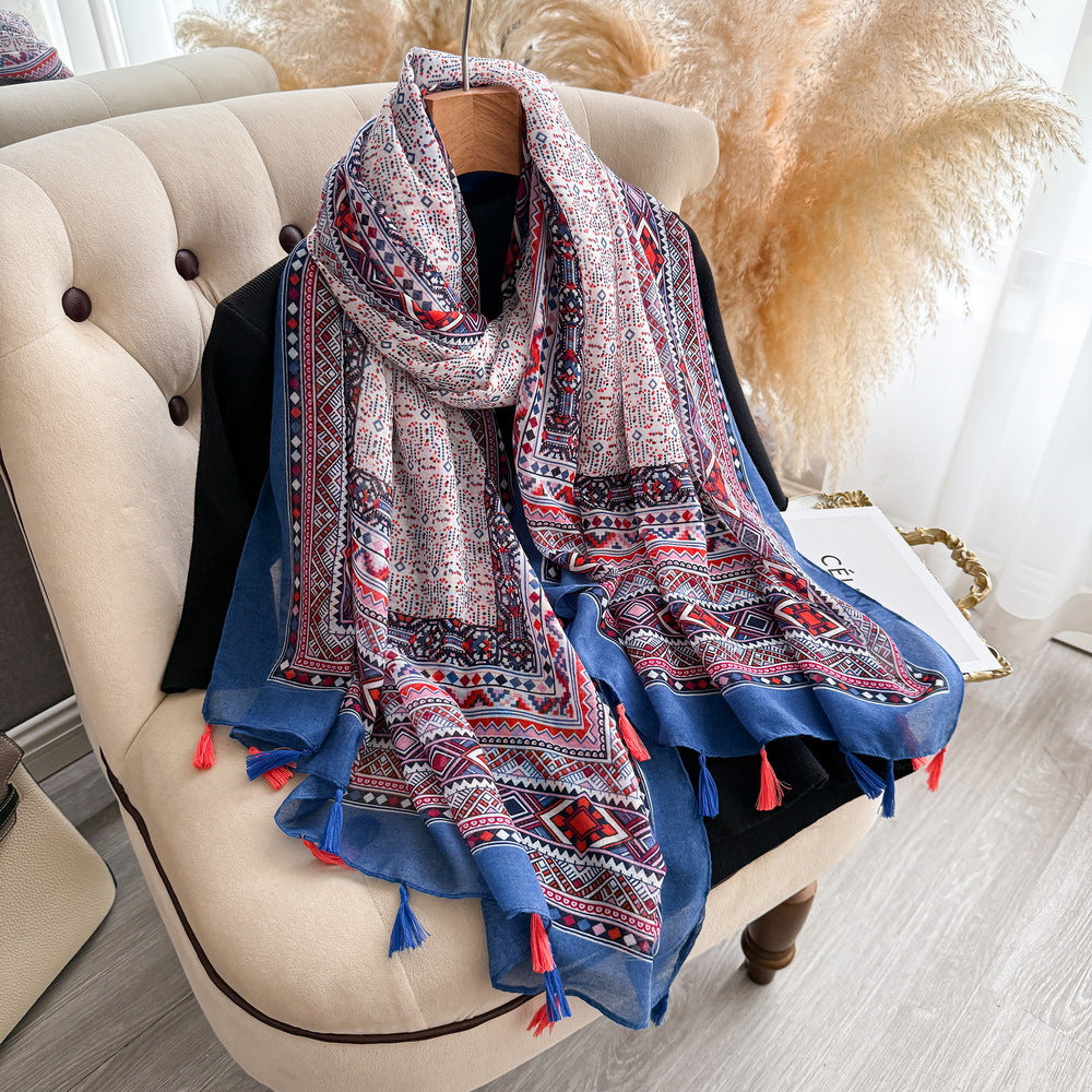 Classy Navy Blue Bohimian Ethnic Style Geometric Printed Imported Summer Friendly Long Tassel Hijab / Orna