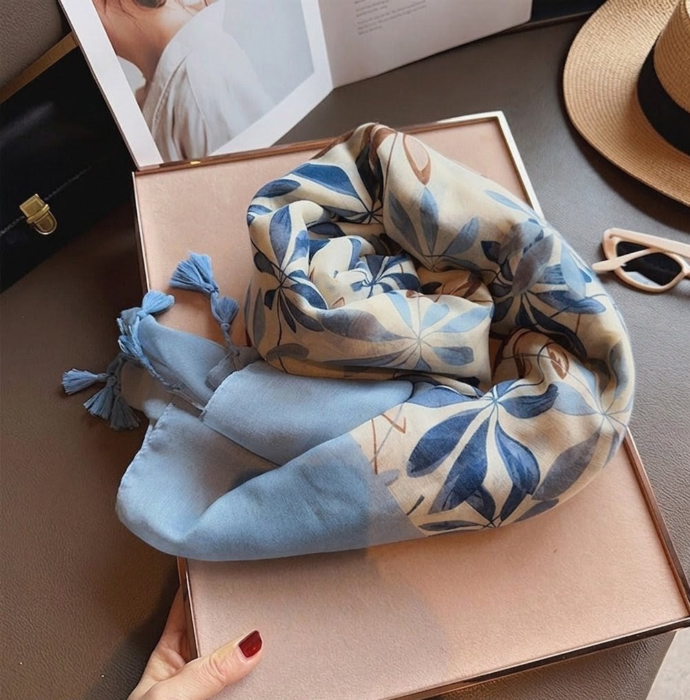 Imported sky blue floral printed tassel cotton hijab / orna