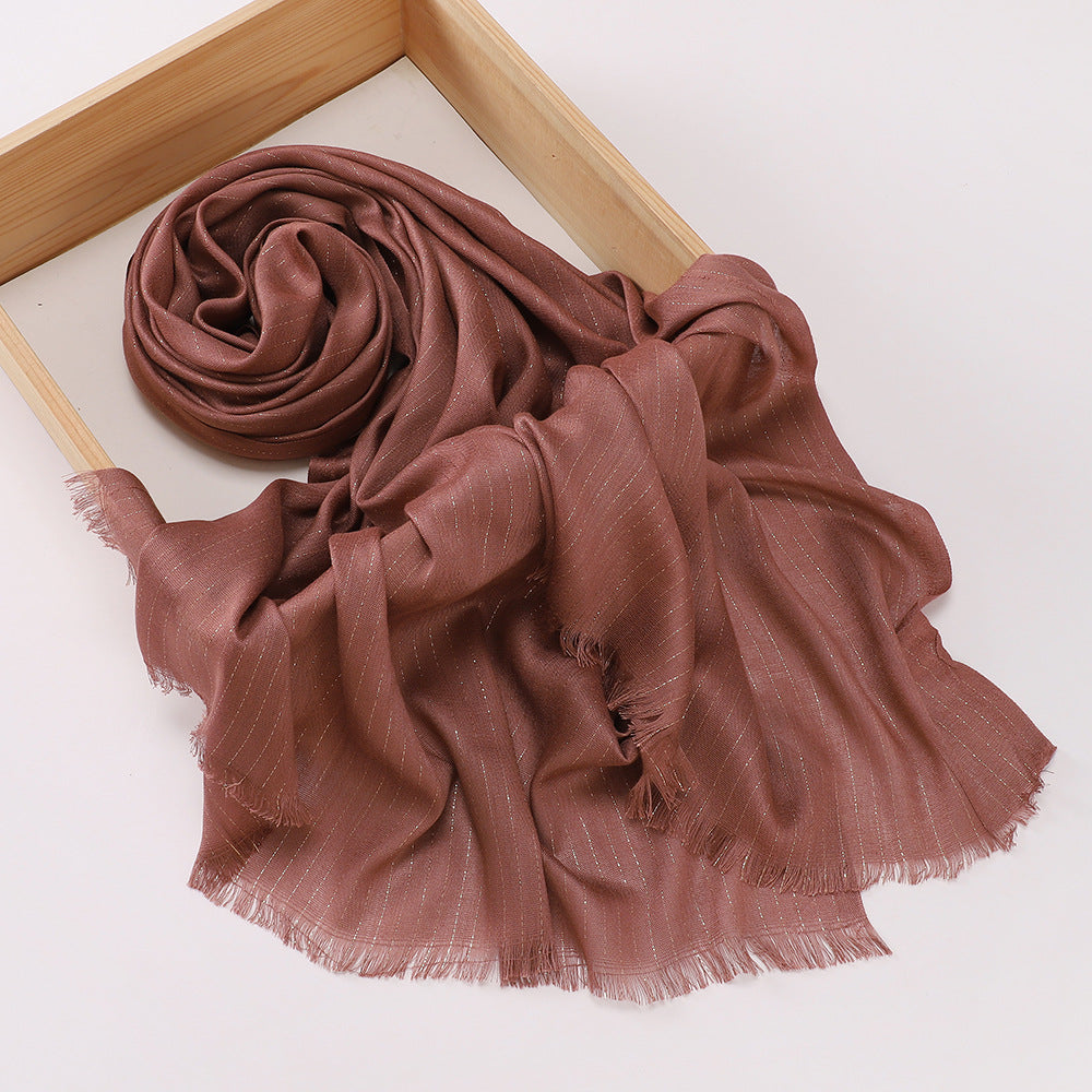 Stunning Caramel Color High Quality Rayon Golden Striped Muslim Women's Shiny Soft Breathable Imported Long Hijab / Orna