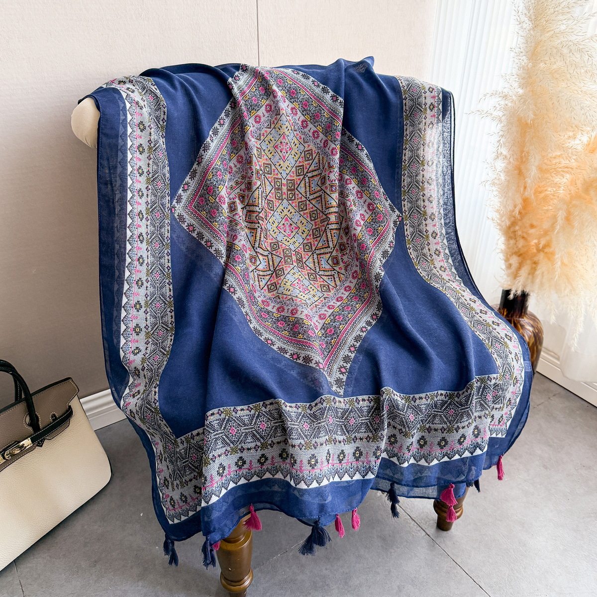 Stylish Navy Blue Bohemian Printed Long Soft Imported Summer Friendly Tassel Hijab / Orna
