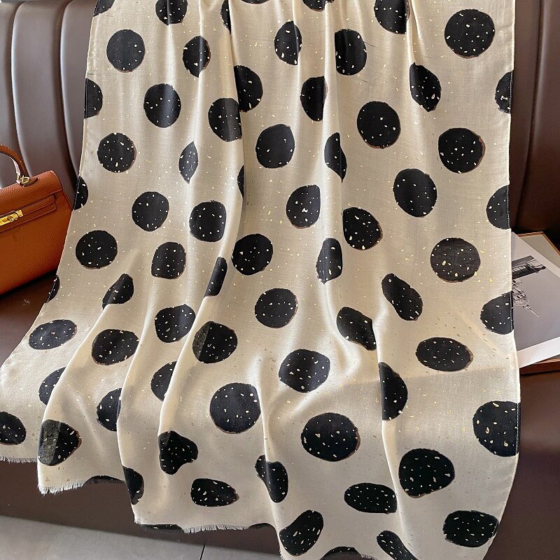 Sophisticated Creamy White Polka Dot Printed Bronzing Color High Quality Imported Long Soft Party Hijab / Orna