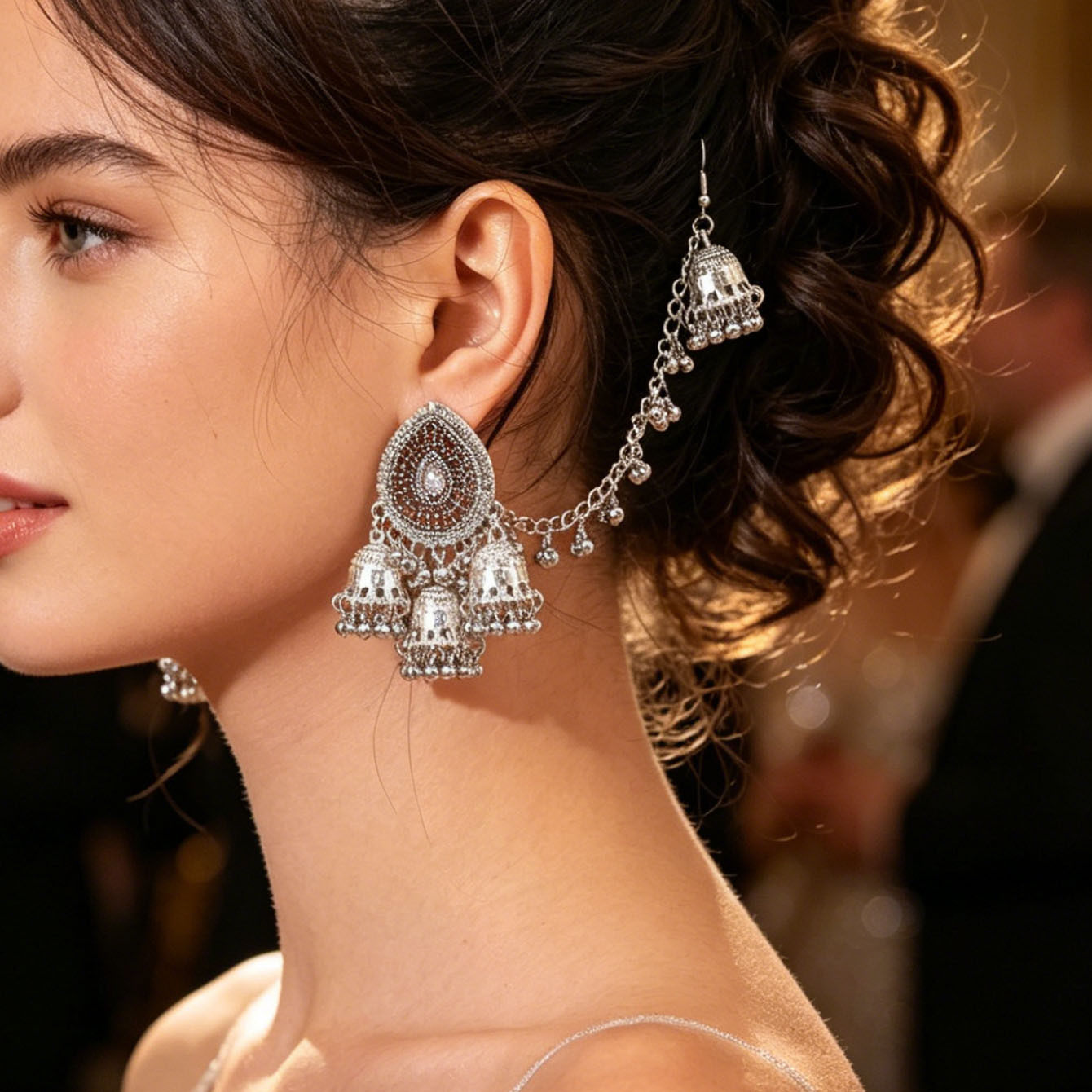 Sophisticated White Color Bohemian Style Exotic Wind Chime Imported
Rhinestone-Encrusted Beaded Tassel Earrings for Women