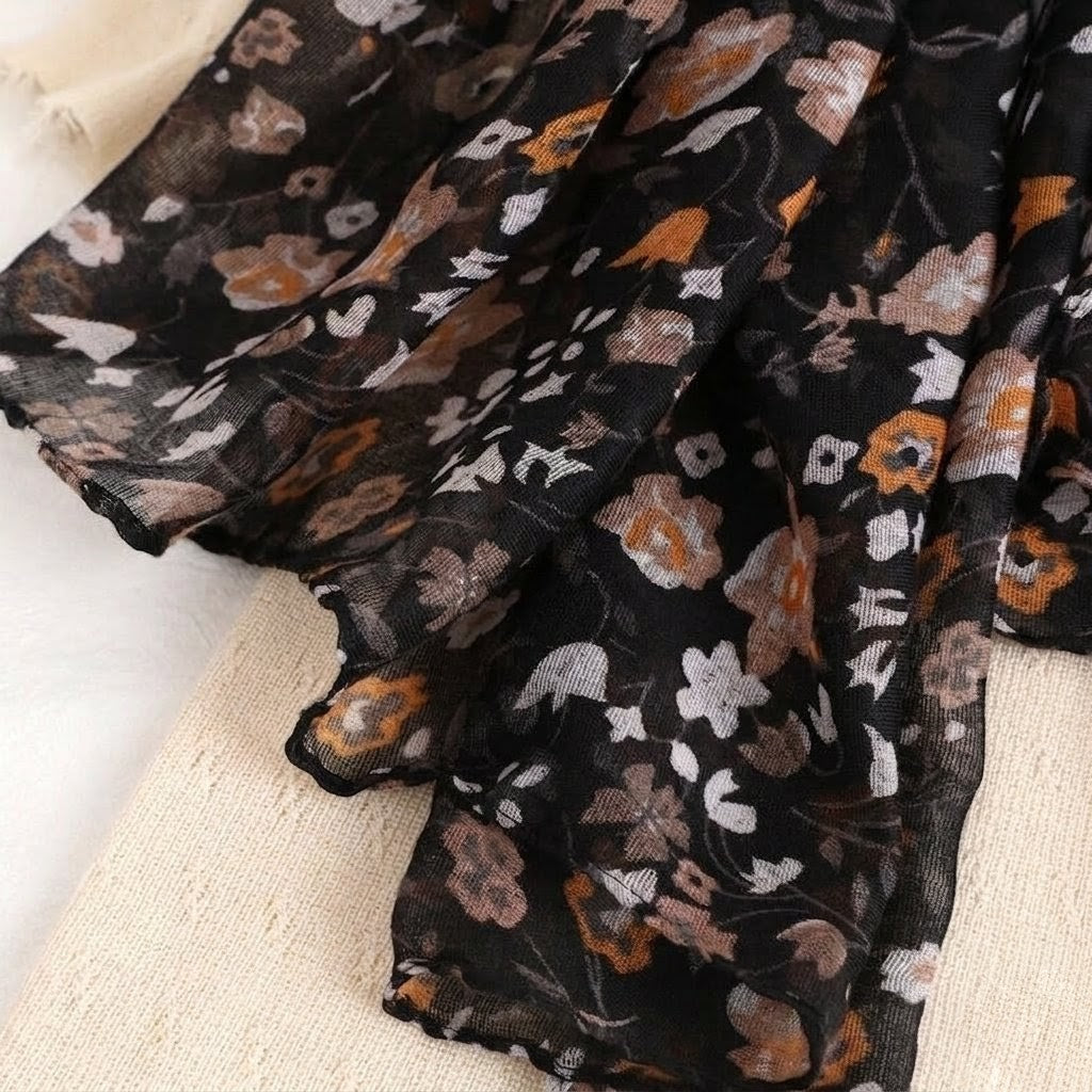 Stunning Black Floral Patterned Soft Lightweight Long Hijab / Orna